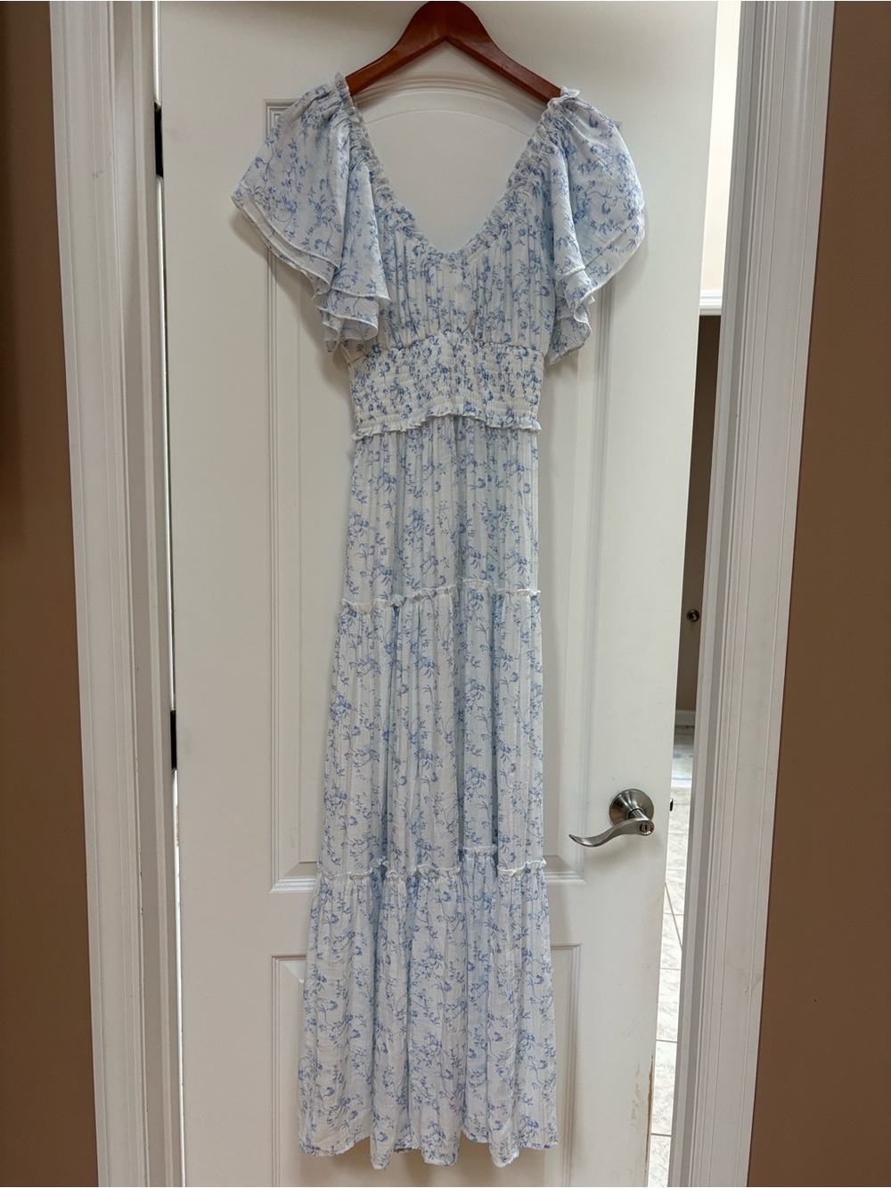 Altar’d State Light Blue Floral Maxi Dress with Flutter Sleeves, size XS